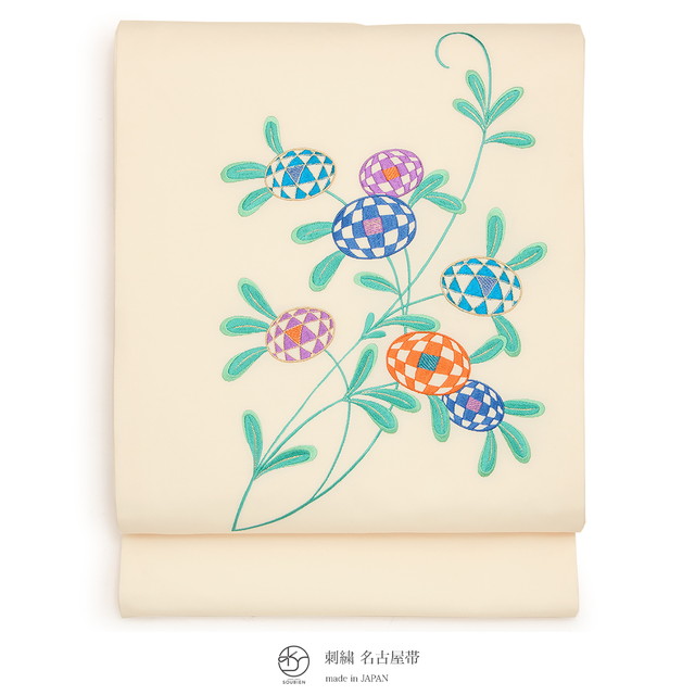 名古屋帯 九寸名古屋帯 生成り色 エクリュベージュ 花 フラワー 刺繍 お太鼓柄 アートモダン 名古屋仕立て カジュアル なごや帯 仕立て上がり 日本製