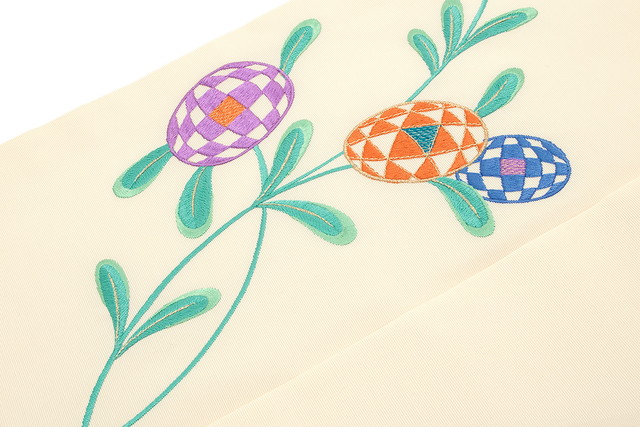 名古屋帯 九寸名古屋帯 生成り色 エクリュベージュ 花 フラワー 刺繍 