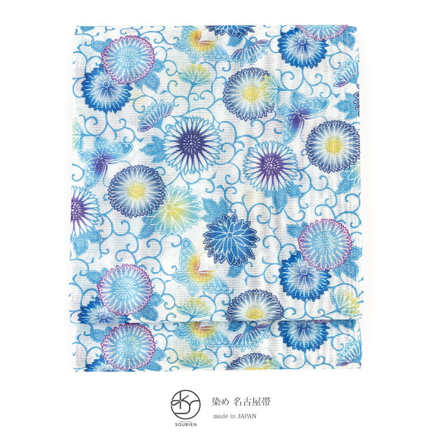 八寸名古屋帯 名古屋帯 仕立て上がり 夏向け カジュアル 紗 青 ブルー 白 ホワイト 菊唐草 蝶 染め帯 全通柄 松葉仕立て 日本製 小杉織物 なごや帯