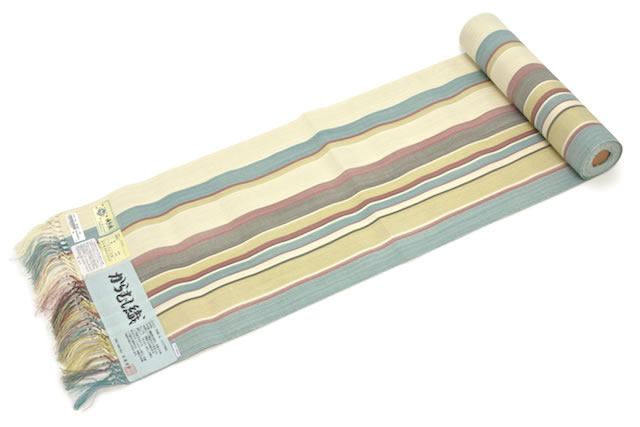 名古屋帯 未仕立て カラフル アイボリー 黄色 水色 縞 麻 博多織 八寸名古屋帯 青証紙 からむし織 西村織物 日本製