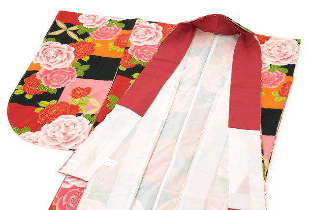 袴用二尺袖着物 カラフル 赤 レッド ピンク 橙 薔薇 バラ 花 小振袖 袴用 卒業式 謝恩会 販売 仕立て上がり 袴用二尺袖着物 カラフル 赤 レッド ピンク 橙 薔薇 バラ 花 小振袖 袴