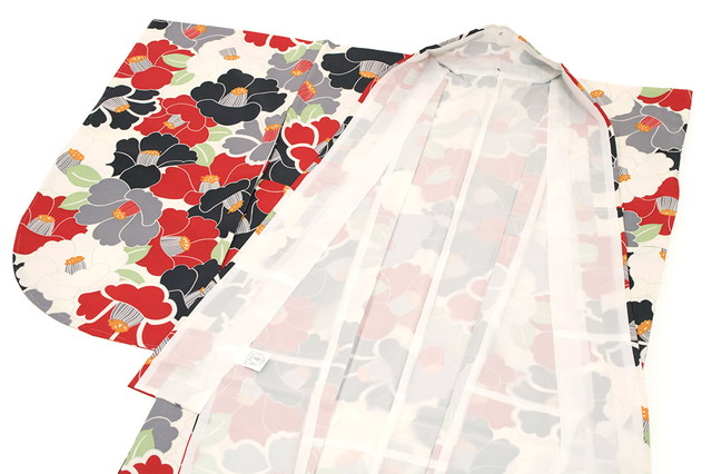 二尺袖着物 単品 仕立て上がり ボヌールセゾン ショート丈 黒×白 椿柄