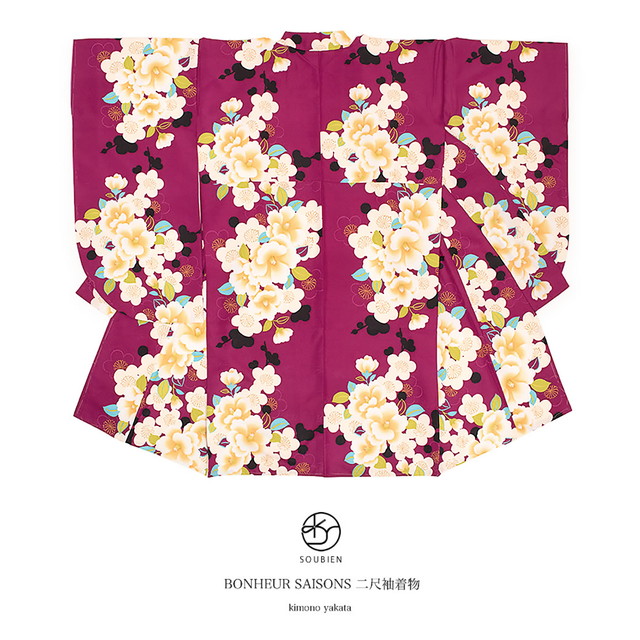 袴用二尺袖着物 ブランド bonheur saisons（ボヌールセゾン） 赤紫色 レッドパープル 椿 つばき 梅 花 菊紗綾形 レトロモダン 小振袖 卒業式 女性 レディース 仕立て上がり