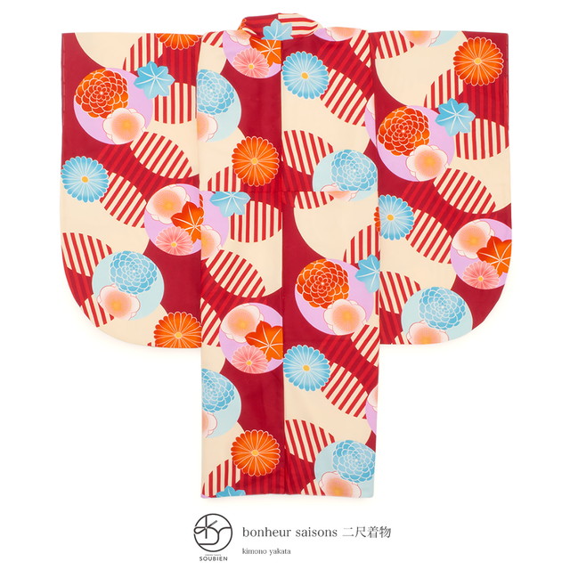 袴用二尺袖着物 ブランド bonheur saisons（ボヌールセゾン） 赤 レッド 薄橙色 菊 梅 紅葉 重ね丸 縞 菊紗綾形 レトロモダン 小振袖 卒業式 女性 レディース 仕立て上がり
