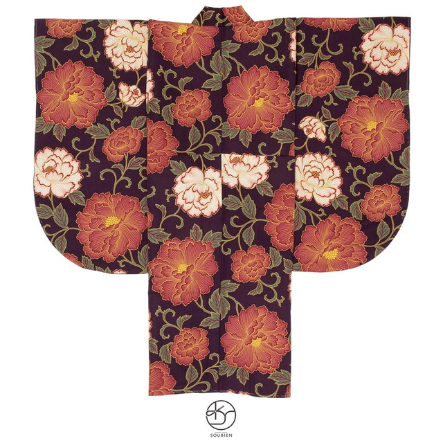 即納袴用二尺袖着物 単品 パープル 紫 赤 牡丹 花唐草 フラワー 小振袖 卒業式 レディース 仕立て上がり 日本製