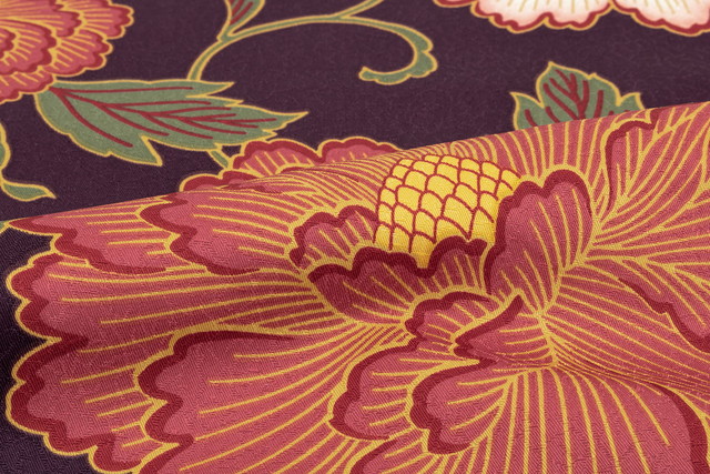 即納袴用二尺袖着物 単品 パープル 紫 赤 牡丹 花唐草 フラワー 小振袖