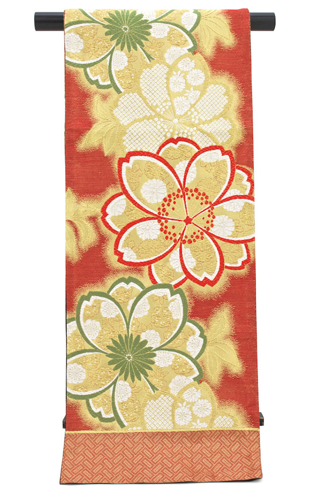 【未仕立て】袋帯 振袖用 赤 レッド 金色 ゴールド 桜 花 京都西陣織 2219 佐々木染織 証紙 絹 六通柄 成人式向け フォーマル 日本製 送料無料_1