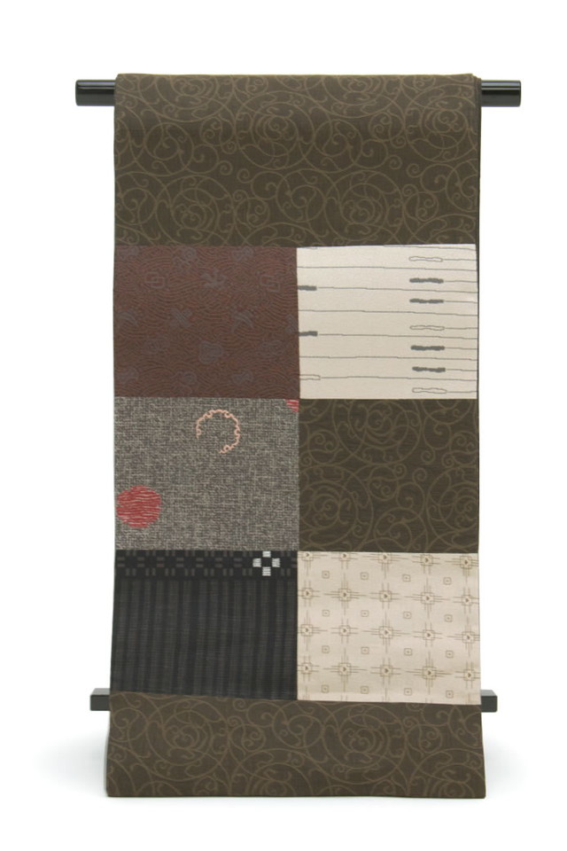 袋帯 未仕立て ブランド 和工房あやぎぬ 濃茶 ブラウン 灰色 グレー 白