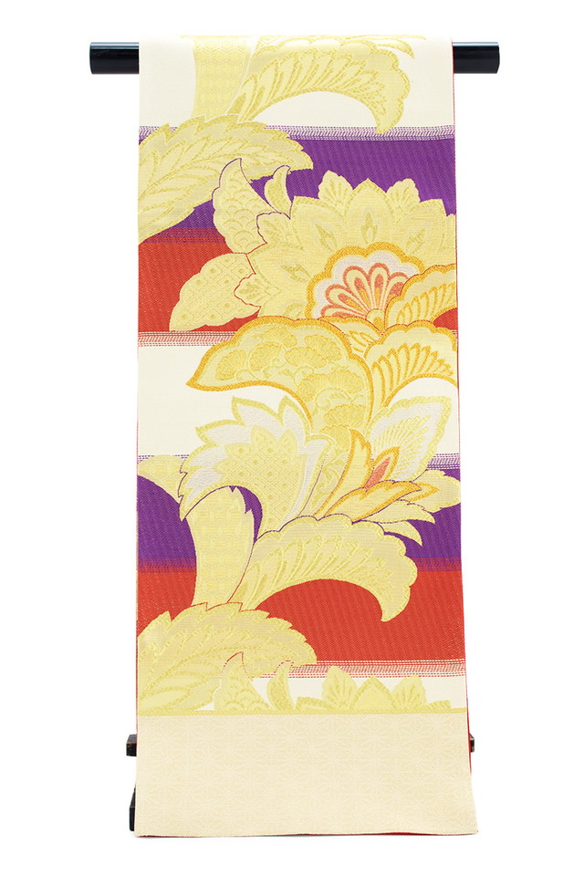 未仕立て】袋帯 振袖用 大光謹製 赤 レッド 紫 パープル 薄黄色