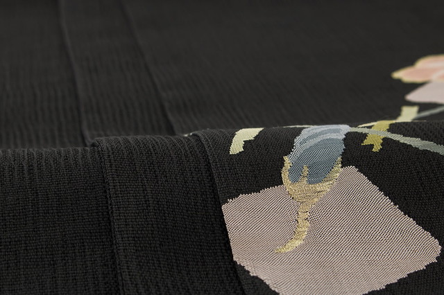 未仕立て】袋帯 黒 ブラック 籬 朝顔 花 綴織 正絹 お太鼓柄