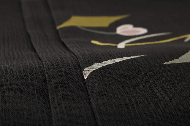 未仕立て】袋帯 黒 ブラック 流水 花 綴織 正絹 お太鼓柄 カジュアル