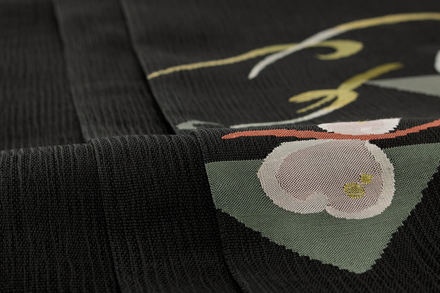 未仕立て】袋帯 黒 ブラック 流水 瓢箪 綴織 正絹 お太鼓柄 カジュアル