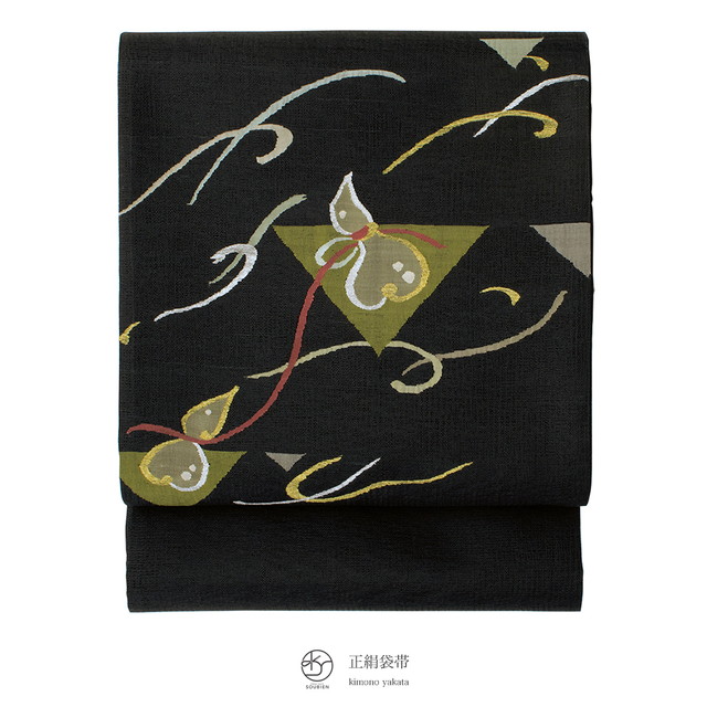 【未仕立て】袋帯 黒 ブラック 流水 瓢箪 綴織 正絹 お太鼓柄 フォーマル カジュアル 夏向き