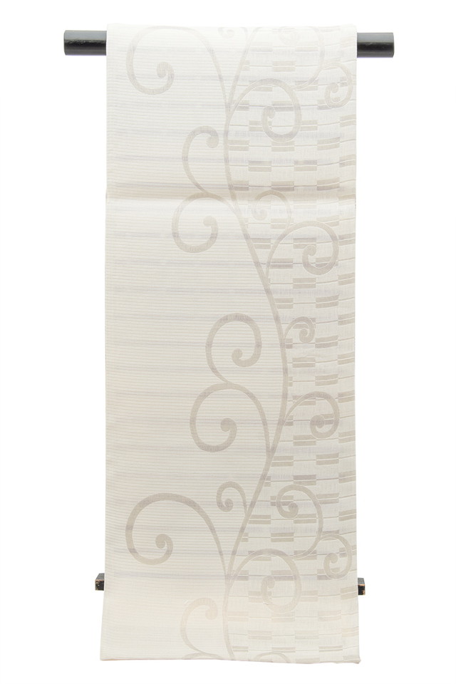 【未仕立て】袋帯 弥栄織物 生成 オフホワイト 灰紫色 ライトパープルグレー 紫 縞 格子 市松 正絹 京都西陣織 279 六通柄 フォーマル カジュアル 日本製 未仕立て】袋帯 弥栄織物 生成 オフホワイト 灰紫色 ライトパープル