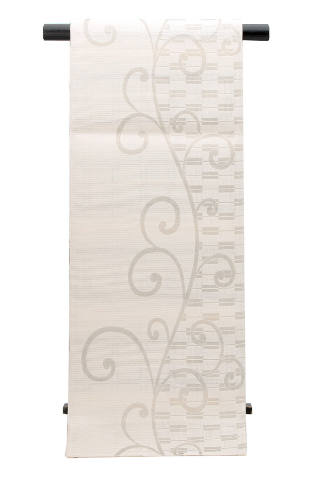 未仕立て】袋帯 弥栄織物 灰色 グレー 生成り色 縞 バツ 菱 格子 正絹