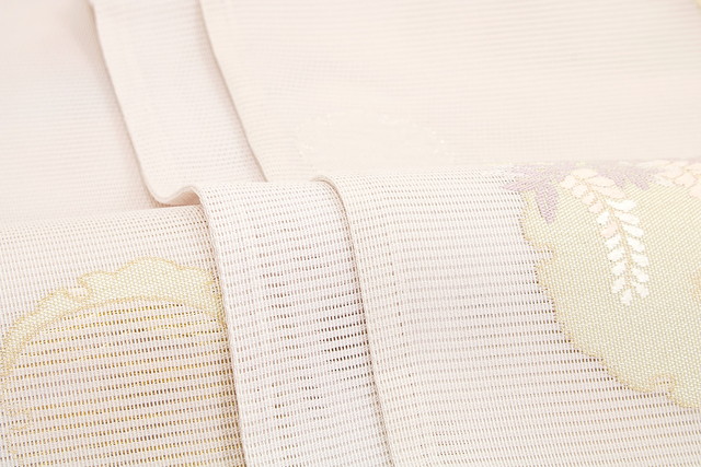 未仕立て】袋帯 姫野織物 ピンク系 ライトピンク 藤 雪輪 蝶 絽 京都