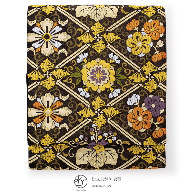 袋帯 振袖用 フォーマル 訪問着用 付け下げ 色無地 成人式 全通柄 小杉織物謹製 黒 ブラック 金色 ゴールド 花菱 仕立て上がり 日本製 送料無料