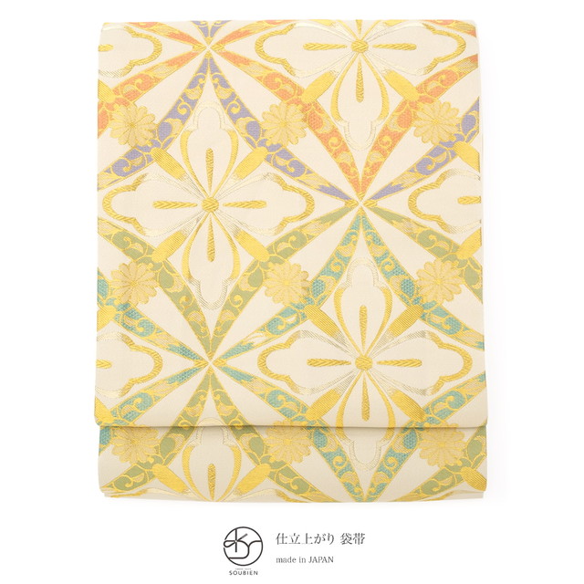 袋帯 振袖用 フォーマル 訪問着用 成人式 小杉織物謹製 ベージュ 金色 菱 七宝 全通柄 仕立て上がり 日本製 送料無料