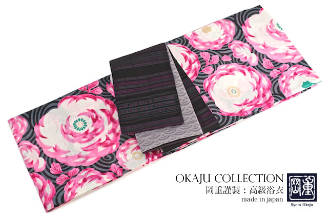 浴衣 レディース浴衣 花火大会 夏祭り 女性用 ブランド 岡重 グレー ピンク 牡丹 渦巻き 綿絽 女性浴衣【フリーサイズ】【女性浴衣 黒・グレー系】の通販は