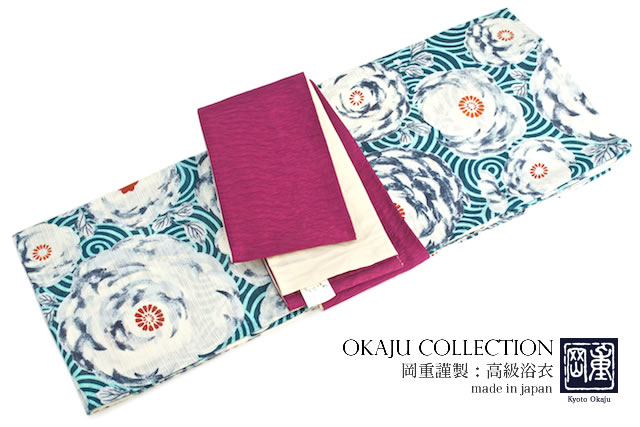 浴衣 レディース浴衣 花火大会 夏祭り 女性用 ブランド 岡重 エメラルドグリーン 緑 牡丹 渦巻き 綿絽 女性浴衣【フリーサイズ】【女性浴衣 黒・グレー系】