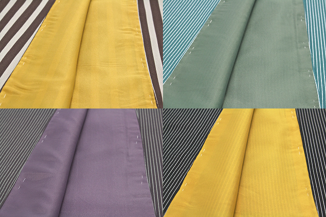 着物 洗える 洗える着物 袷 プレタ着物 小紋 Kansai 縞 焦茶 青緑 紫