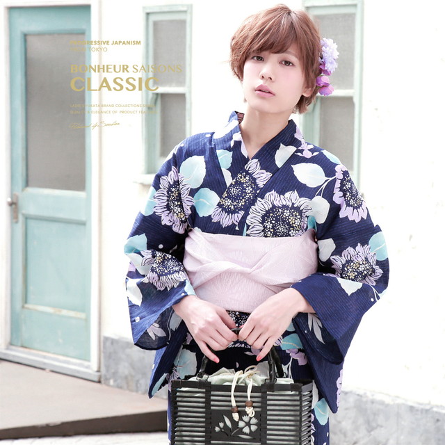 浴衣セット レディース レトロ 浴衣セット 大人 3点セット 紺 ネイビー