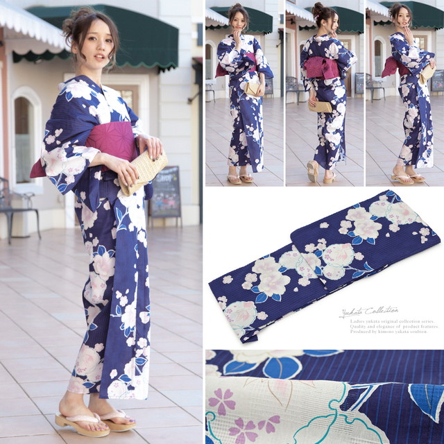 浴衣セット レディース レトロ 浴衣セット 大人 3点セット 紺系