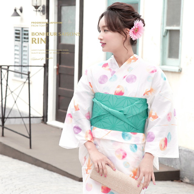 浴衣セット レディース レトロ 浴衣セット 大人 3点セット クリーム系 オレンジ 緑系 水玉 ドット 金魚 綿 半幅帯 女性 ボヌールセゾン S フリー