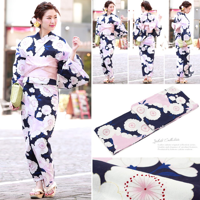 浴衣セット レディース レトロ 浴衣セット 大人 3点セット 紺 ネイビー
