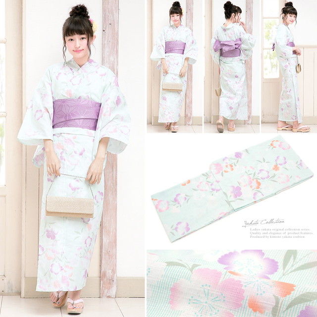 浴衣セット レディース レトロ 浴衣セット 大人 3点セット 水色 ブルー 紫系 縞 ストライプ 撫子 なでしこ 綿 半幅帯 女性 ボヌールセゾン 浴衣セット レディース レトロ 浴衣セット 大人 3点セット 水色 ブルー