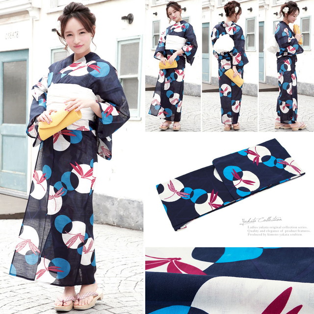浴衣セット レディース レトロ 浴衣セット 大人 3点セット 紺 ネイビー