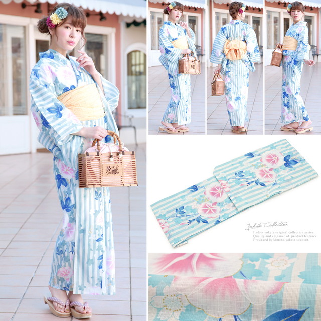 浴衣セット レディース レトロ 浴衣セット 大人 3点セット 水色 ブルー