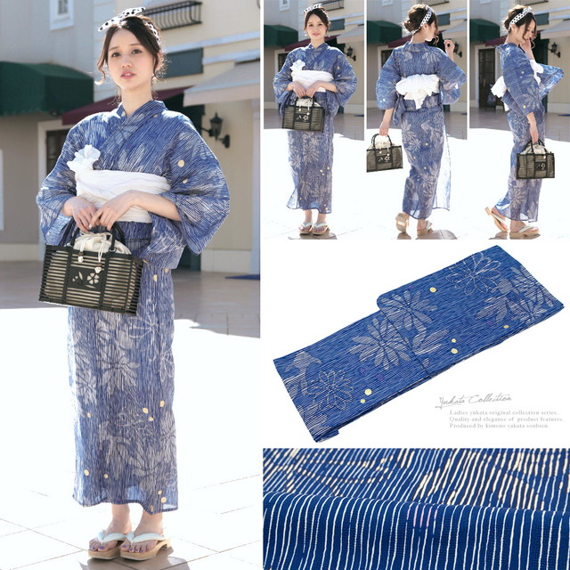 浴衣セット レディース レトロ 浴衣セット 大人 3点セット 青 ブルー