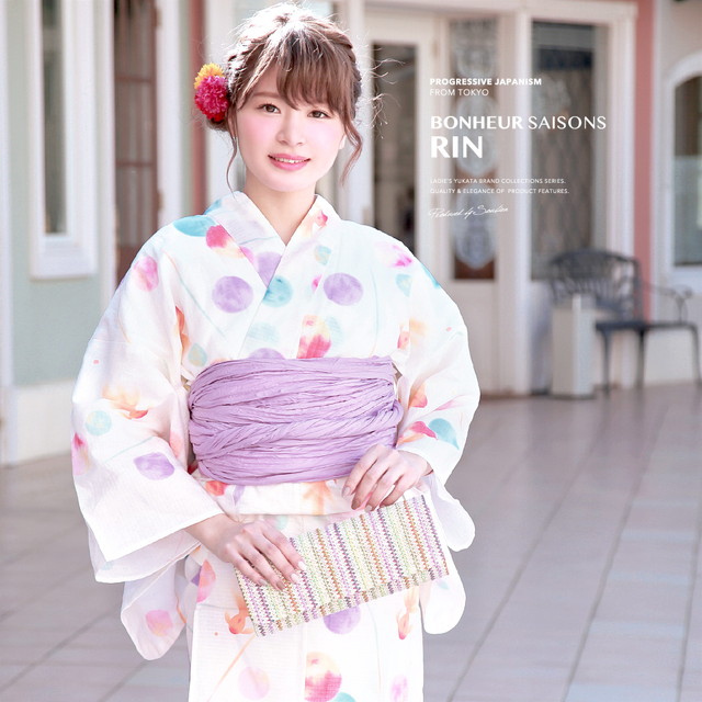 浴衣セット レディース レトロ 浴衣セット 大人 3点セット クリーム系 オレンジ 紫 水玉 ドット 金魚 綿 兵児帯 女性 ボヌールセゾン