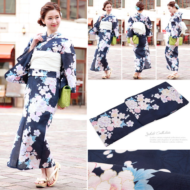 浴衣セット レディース レトロ 浴衣セット 大人 3点セット 紺系
