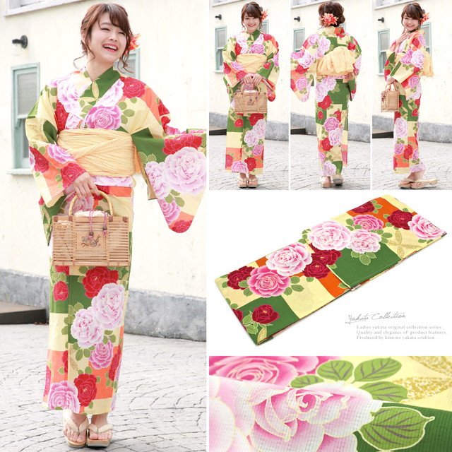 浴衣セット レディース レトロ 浴衣セット 大人 3点セット 緑 グリーン 黄色 オレンジ カラフル 市松 薔薇 バラ 花 綿 兵児帯 女性 浴衣セット レディース レトロ 浴衣セット 大人 3点セット 緑 グリーン
