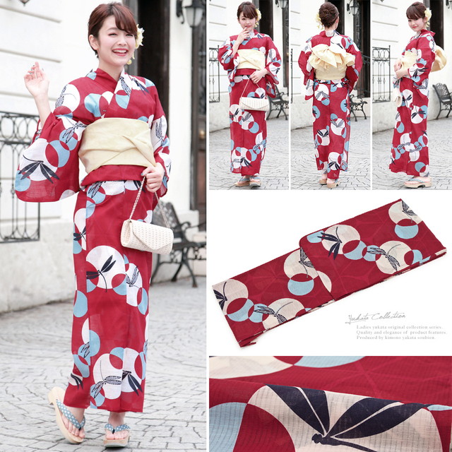 浴衣セット レディース レトロ 浴衣セット 大人 3点セット 赤 レッド