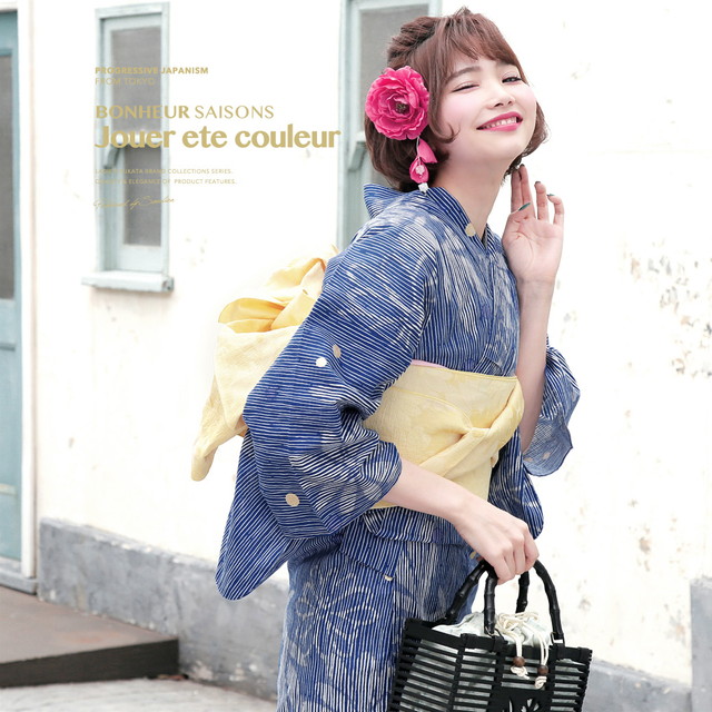 浴衣セット レディース レトロ 浴衣セット 大人 3点セット 青 ブルー 黄色 花 金魚 きんぎょ 縞 しま ストライプ 綿 ラメ 兵児帯 女性 ボヌールセゾン