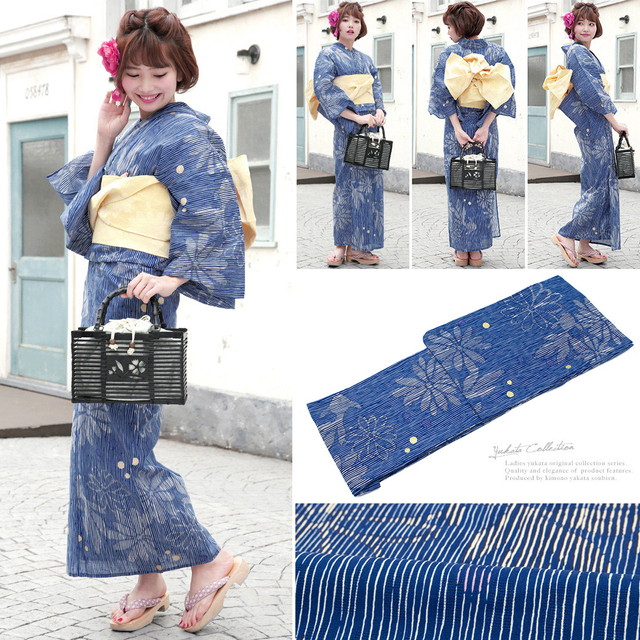 浴衣セット レディース レトロ 浴衣セット 大人 3点セット 青 ブルー
