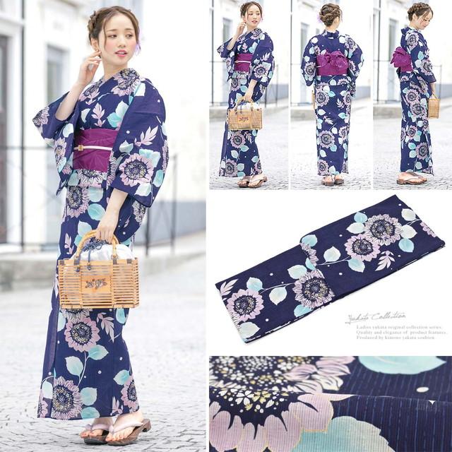 浴衣セット レディース レトロ 浴衣セット 大人 3点セット 紺 ネイビー