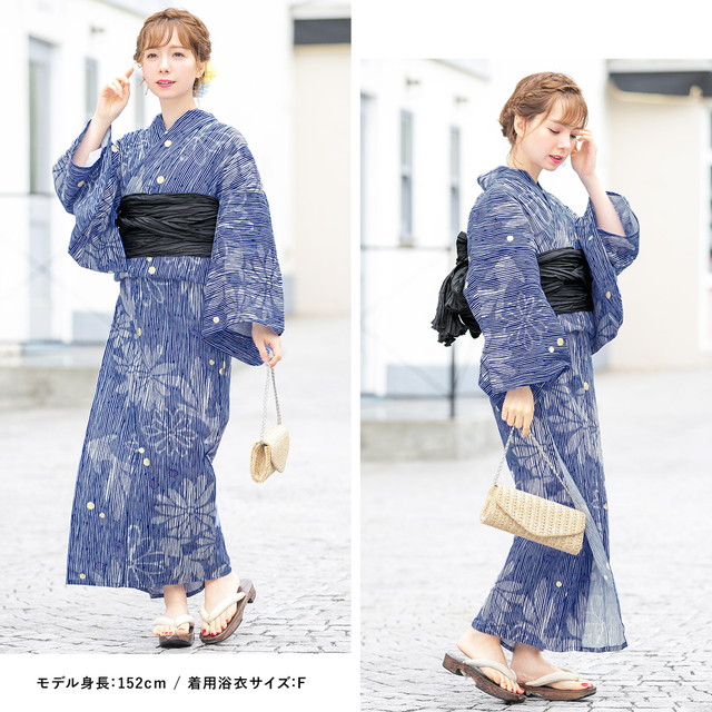 カラーの花模様 黒色 青色 綿 浴衣・半巾帯 2点セット assort-ynset0132_s2.jpg