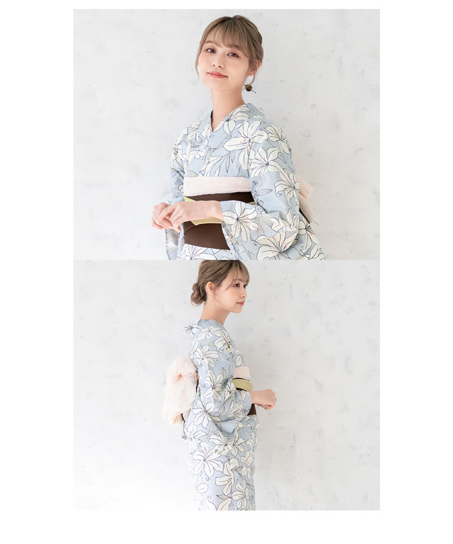 浴衣 セット レディース 浴衣セット 半幅帯 2024 大人 3点セット 水色系 ライトブルー 百合 ユリ 花 ブラウン S フリー 送料無料 浴衣 セット レディース 浴衣セット 半幅帯 2024 大人 3点セット 水色
