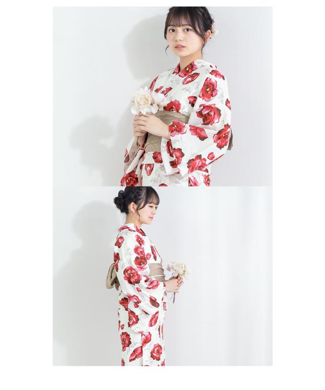 浴衣 セット レディース 浴衣セット 半幅帯 2023 大人 3点セット ホワイト 白 レッド 赤 牡丹 ボタン 花 フラワー ベージュ S フリー 送料無料 浴衣 セット レディース 浴衣セット 半幅帯 2023 大人 3点セット