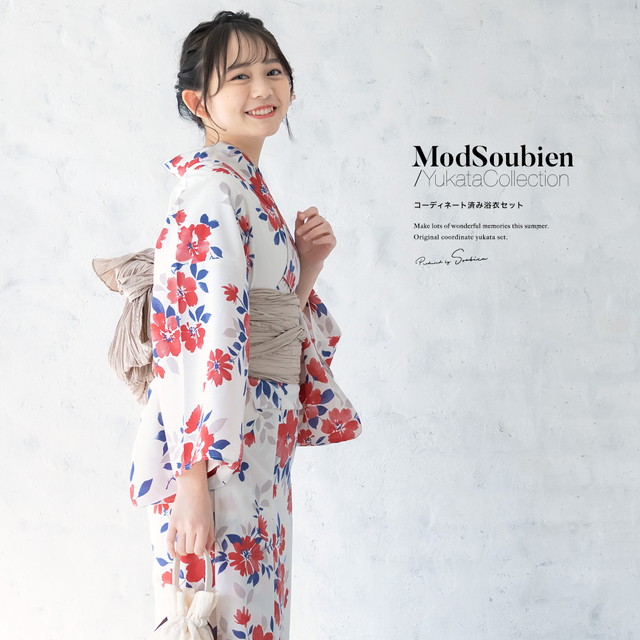 浴衣 セット レディース 浴衣セット 兵児帯 2023 大人 3点セット 白 レッド 赤 椿 ツバキ 花 フラワー モダン 白茶 S フリー 送料無料