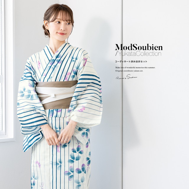 浴衣セット レディース 浴衣セット 半幅帯 大人 3点セット ボヌールセゾン 白 アイボリー 藍色 グレー 萩 縞 綿麻 夏 フリーサイズ