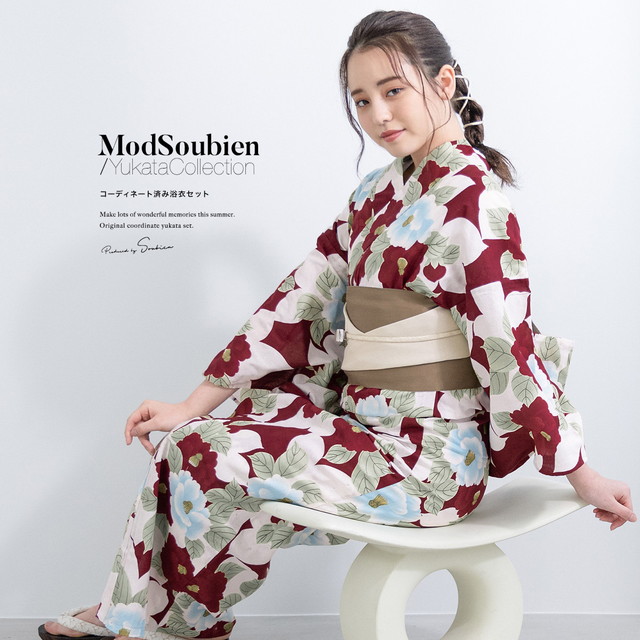 浴衣セット レディース 浴衣セット 半幅帯 大人 3点セット ボヌールセゾン 赤 レッド 白 グレージュ 椿 綿麻 夏 花火大会 モダン Sサイズ フリーサイズの通販は 24,990円