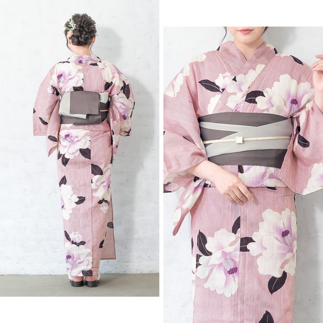 浴衣セット レディース 浴衣セット 半幅帯 大人 3点セット ボヌールセゾン 赤 グレージュ 椿 花 縞 ストライプ ラメ 綿麻 夏 花火大会 モダン Sサイズ フリーサイズ 浴衣セット レディース 浴衣セット 半幅帯 大人 3点セット ボヌール