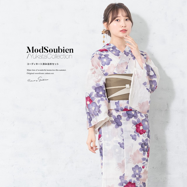 浴衣セット レディース 浴衣セット 半幅帯 大人 3点セット ボヌールセゾン 白系 薄藍 赤 グレージュ 椿 ツバキ つばき ラメ 綿麻 夏 花火大会 モダン Sサイズ フリーサイズ