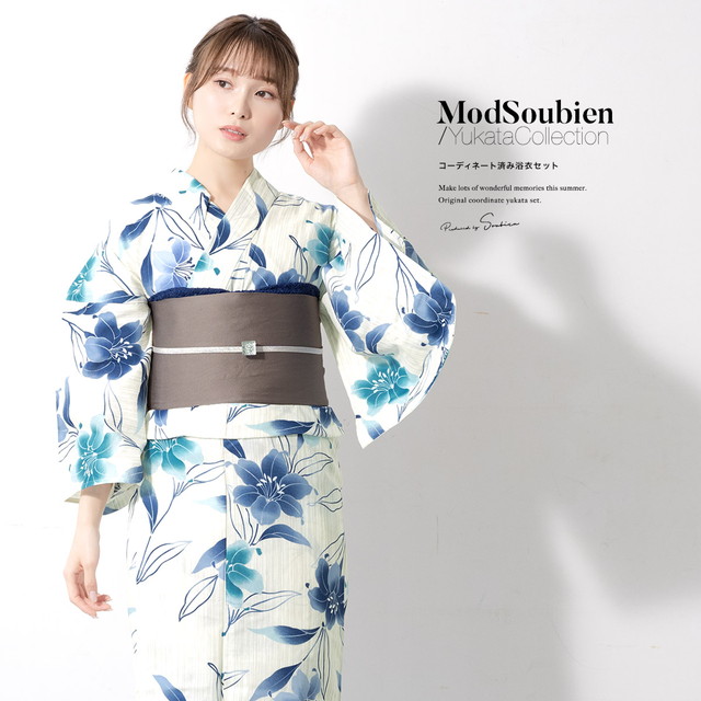 浴衣セット レディース 浴衣セット 半幅帯 大人 3点セット ホワイト 白系 紺 青 グレー 帯 百合 ユリ 雨縞 吸水速乾 CoolPass 夏 花火大会 モダン Sサイズ フリーサイズ