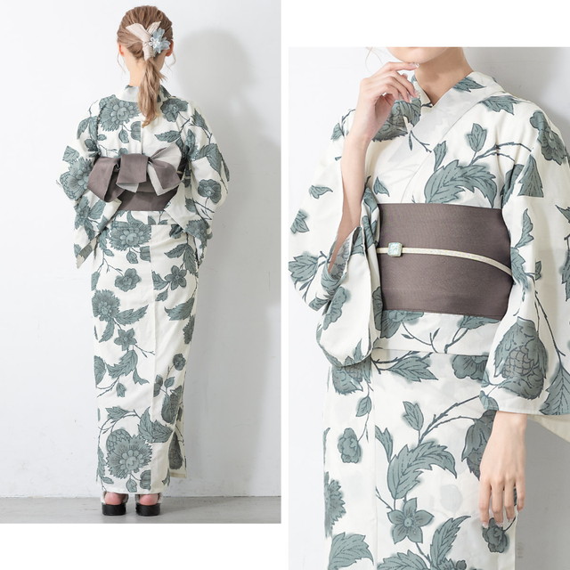 浴衣セット レディース 浴衣セット 半幅帯 大人 3点セット ホワイト 白 グレー 灰色系 帯 牡丹 ダリア 花唐草 夏 花火大会 モダン Sサイズ フリーサイズ 浴衣セット レディース 浴衣セット 半幅帯 大人 3点セット ホワイト 白